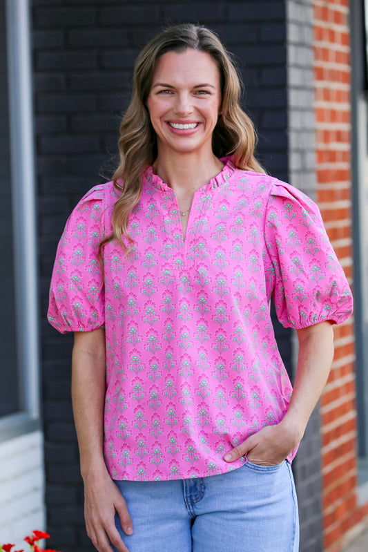Lainey Top-Deco Lilies Fuchsia