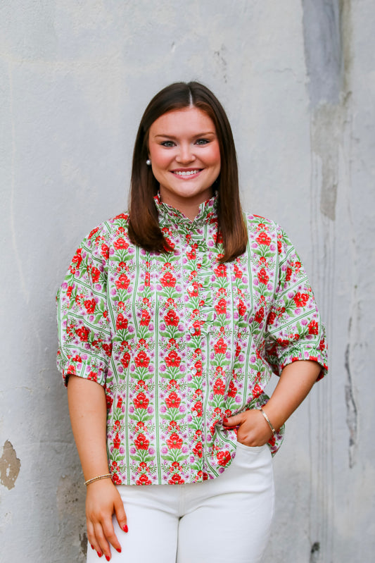 Garden Party Ruffle Blouse in Red