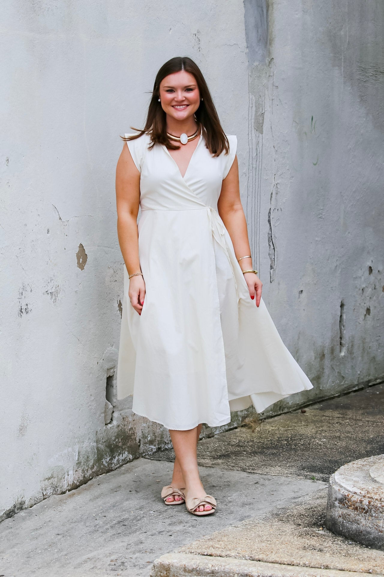 Collared Cap Sleeve Wrap Midi Dress in Ivory