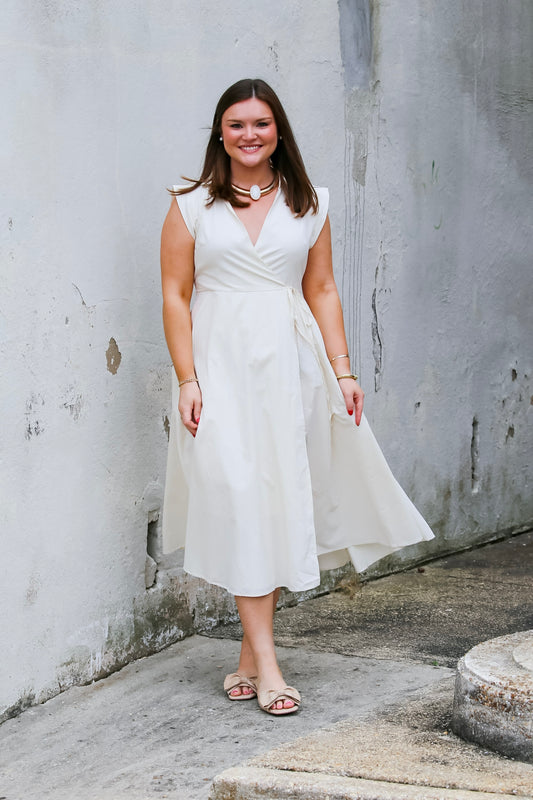Collared Cap Sleeve Wrap Midi Dress in Ivory