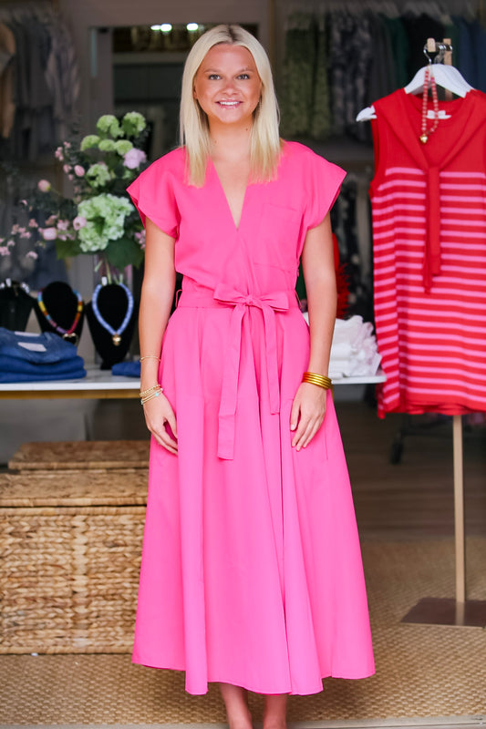 V-Neck Drop Shoulder Romantic Midi Dress in Fuchsia