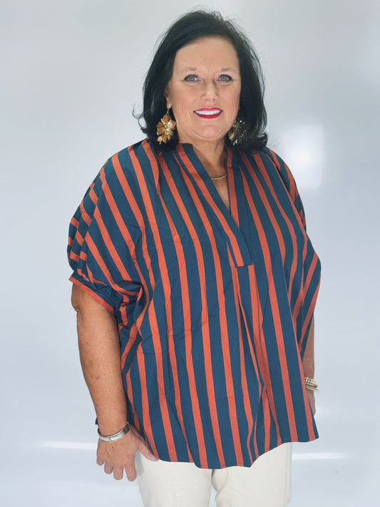 Varsity Stripe Popover Top-Rust