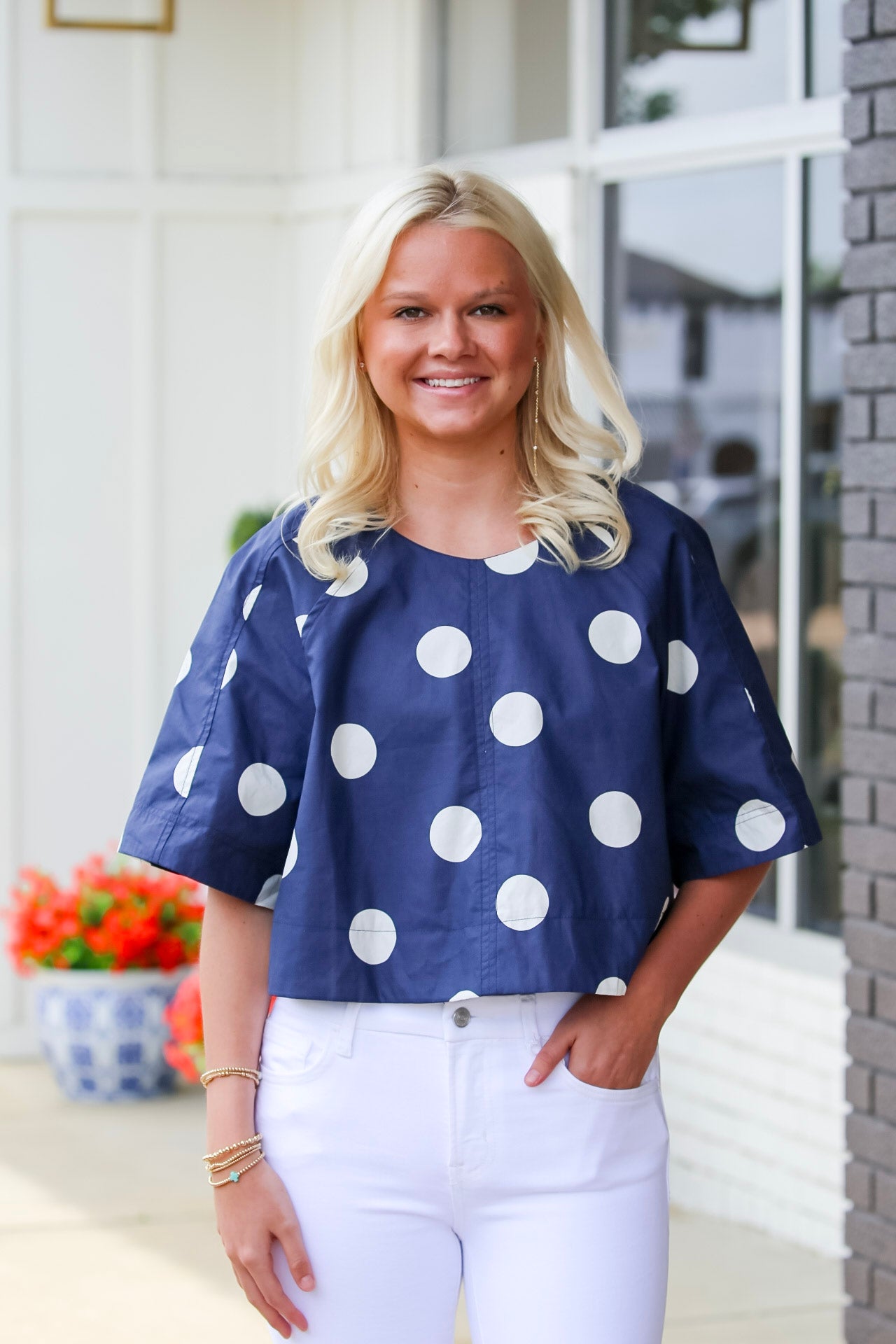Polka Dot Back-Tie Top in Navy