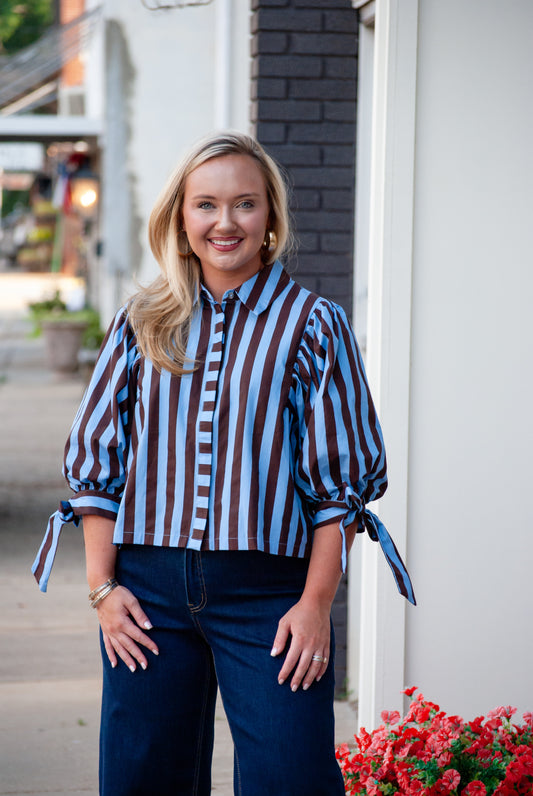 The Bow & Stripe Top in Blue Brown