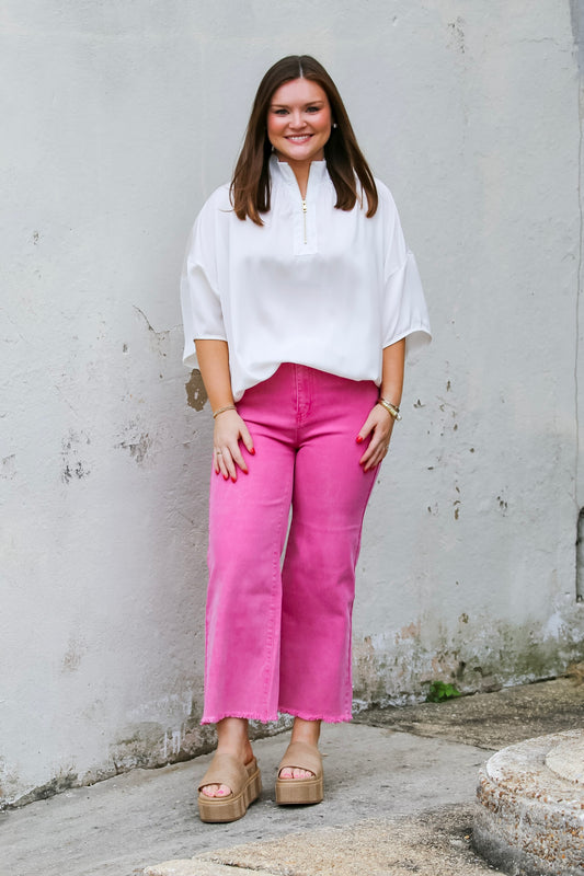 Acid Washed High Waist Frayed Straight Pants- Hot Pink