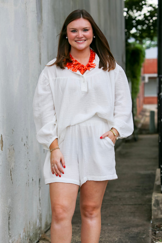 Garment Dyed Cotton Gauze Button Down Set (Ivory)
