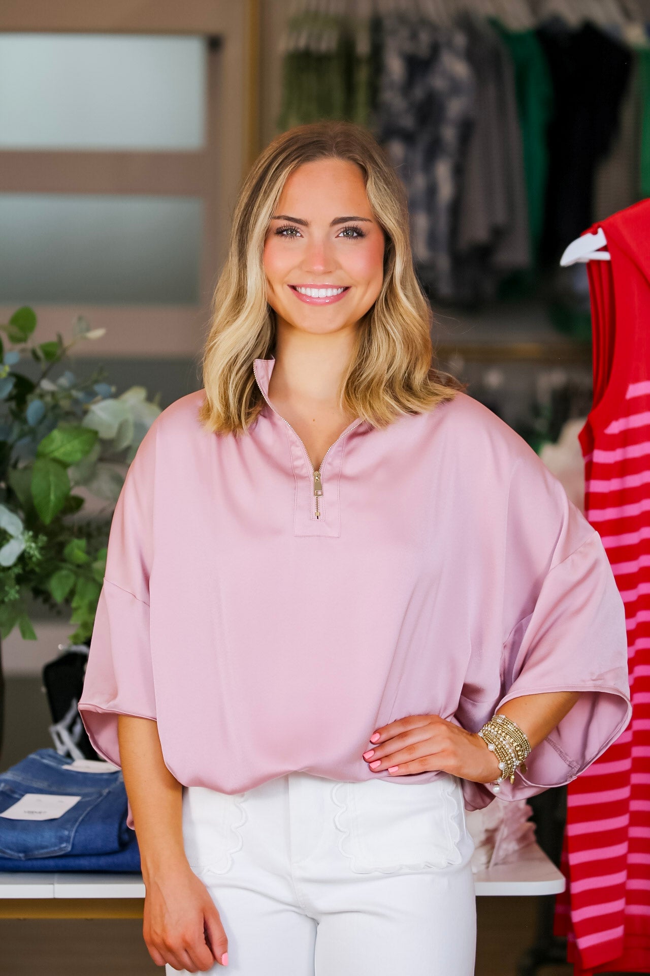 The Madison Half-Zip Top in Pink