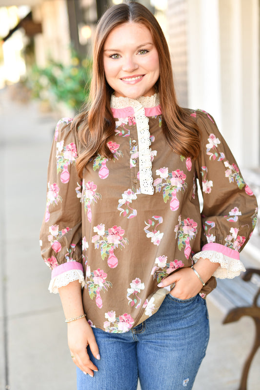 Floral Blouse with Ruffle Detail in Olive
