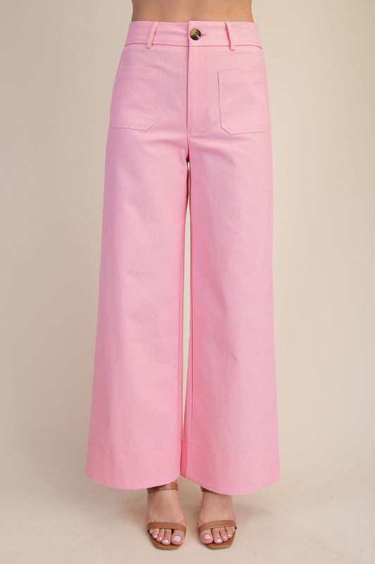 High Rise Front Pocket Wide Jeans-Pink