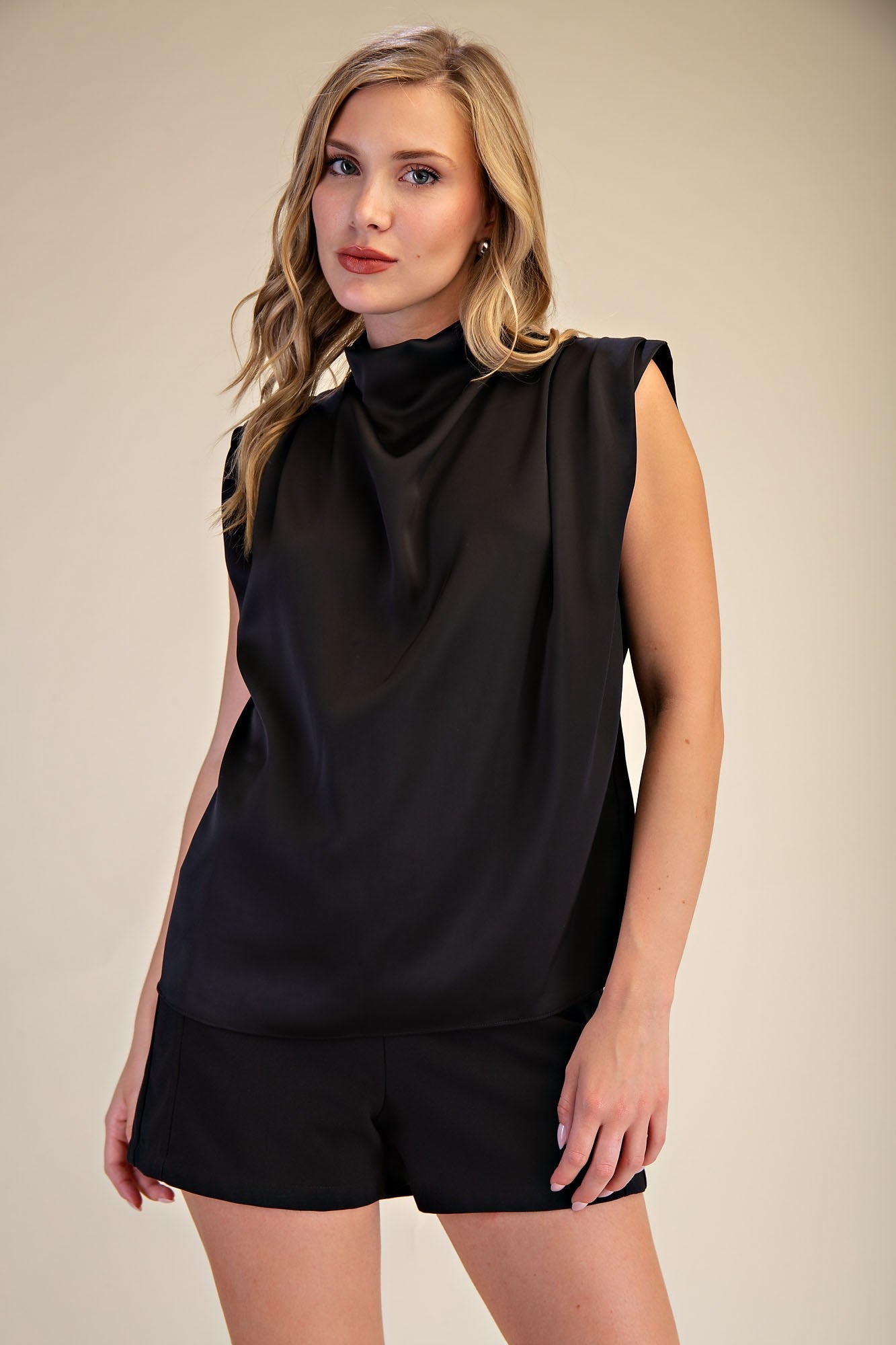Cowl Neck Sleeveless Top-Black