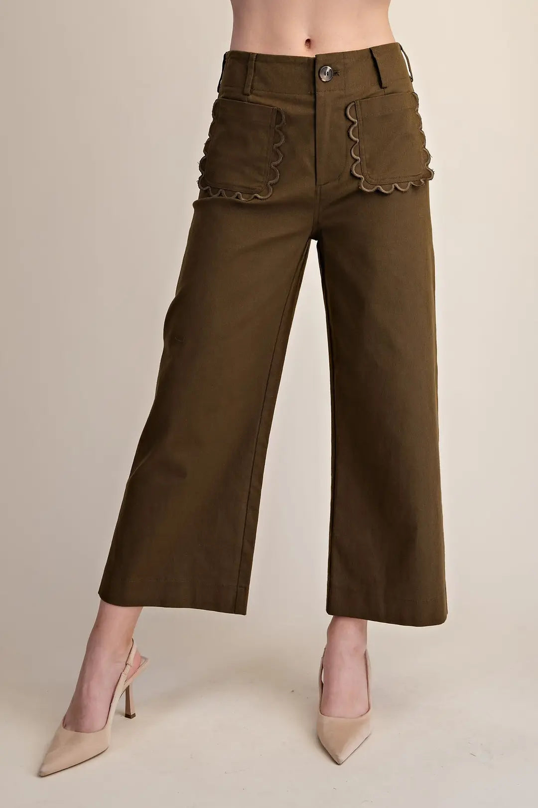 Colette Cropped Scallop Pocket Detail Wide-Leg Pants in Olive