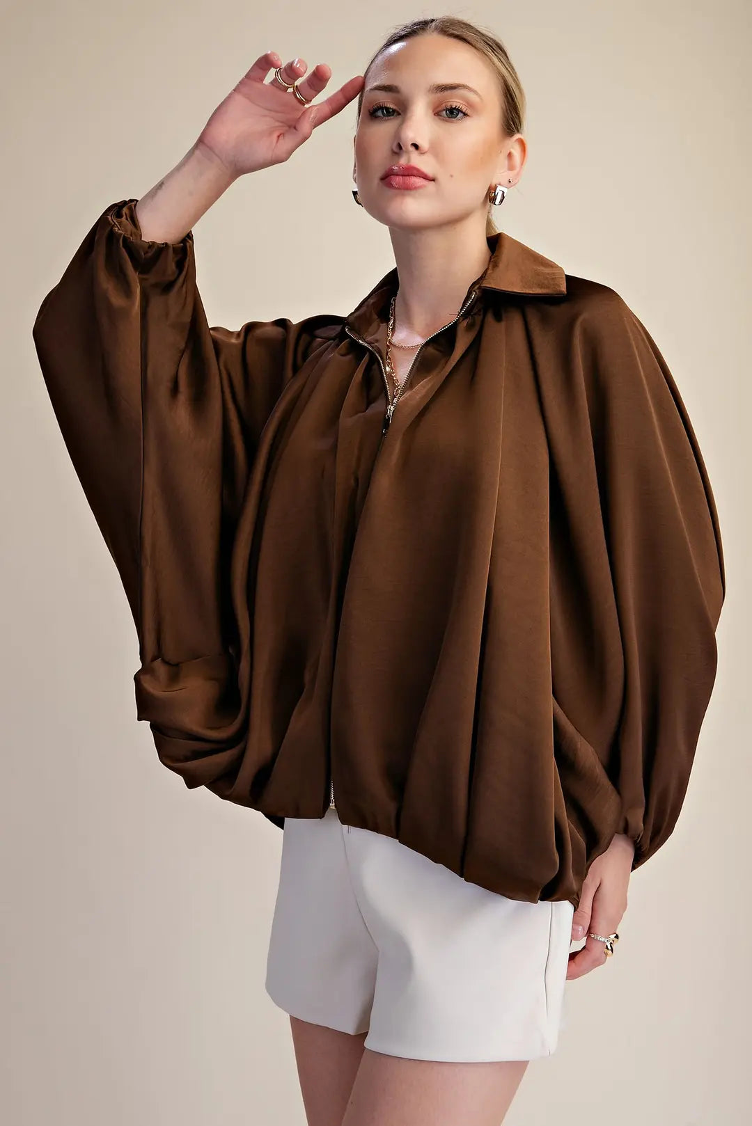 Balloon Pleated Detail Jacket in Brown
