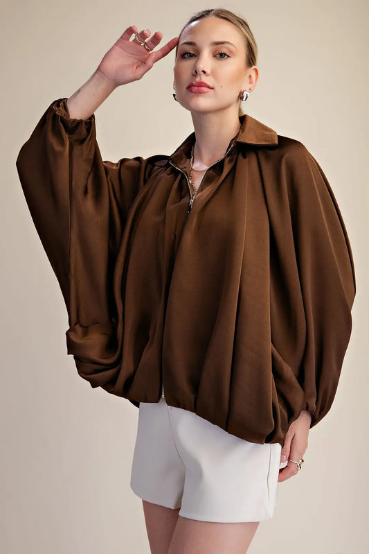 Balloon Pleated Detail Jacket in Brown
