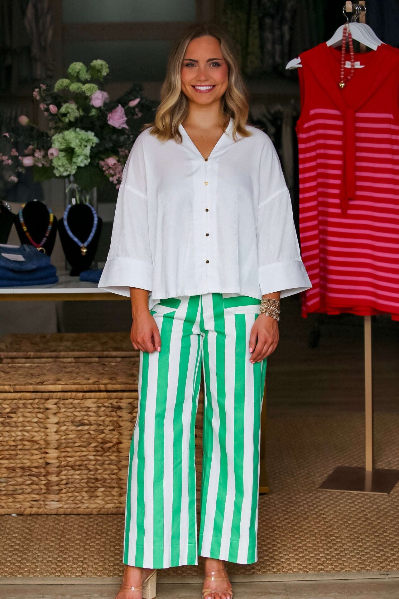 Wide-Leg Stripe Pants in White/Kelly Green