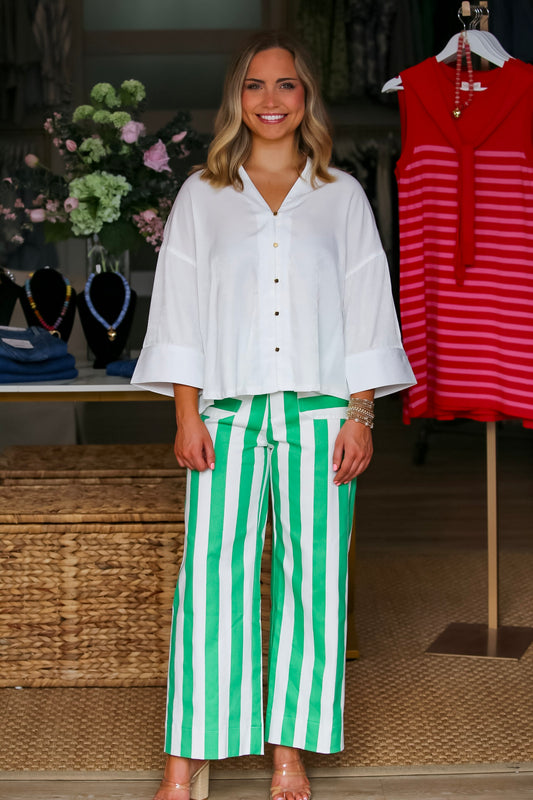 Wide-Leg Stripe Pants in White/Kelly Green