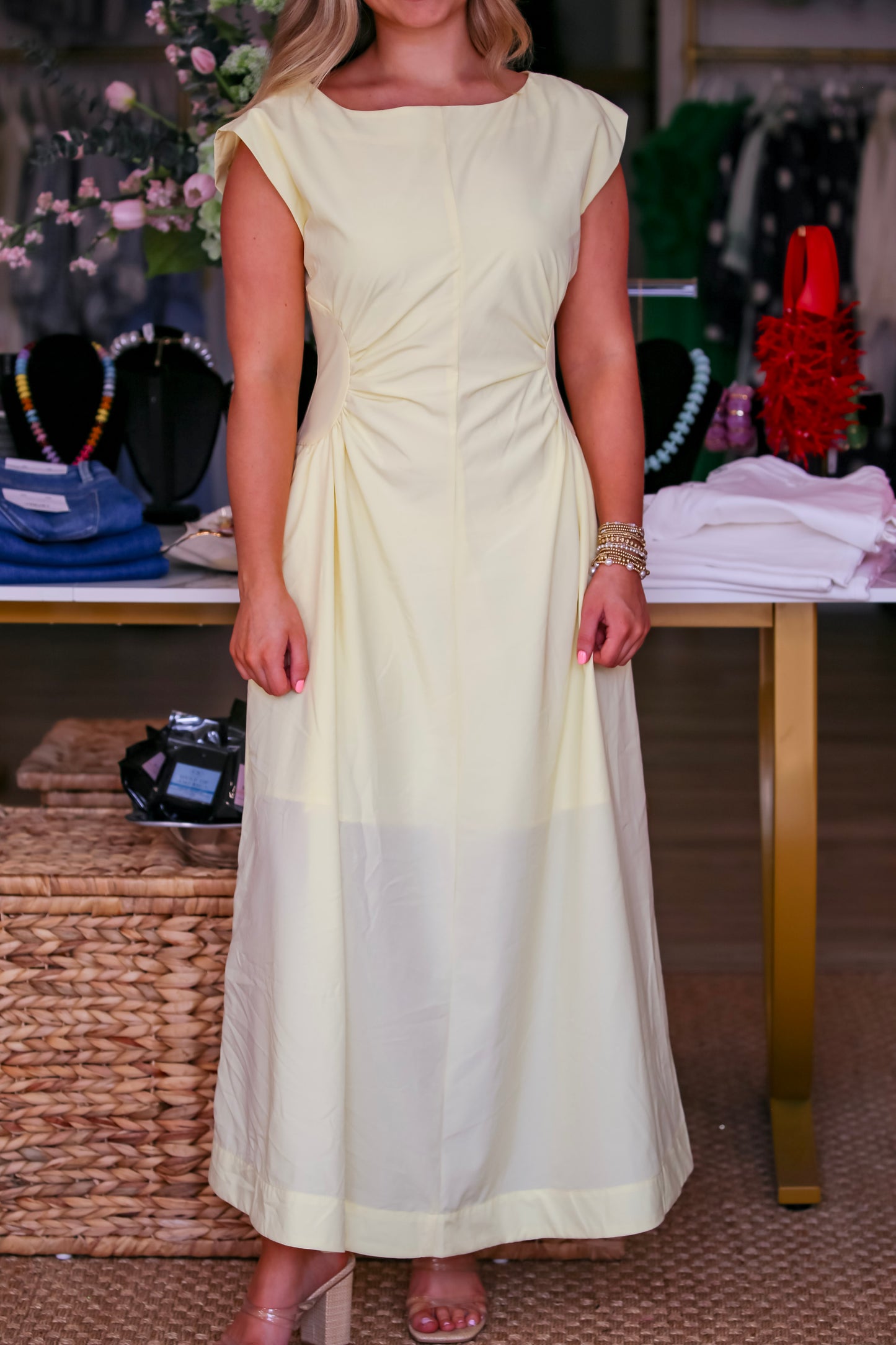 V-Neck Back Midi Dress in Lemon Drop