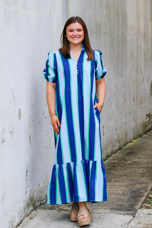 Striped Short Puff Sleeve Midi Dress