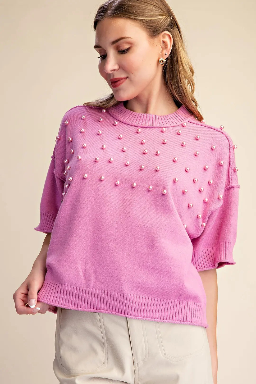Crew Neck with Pearls Sweater in Pink