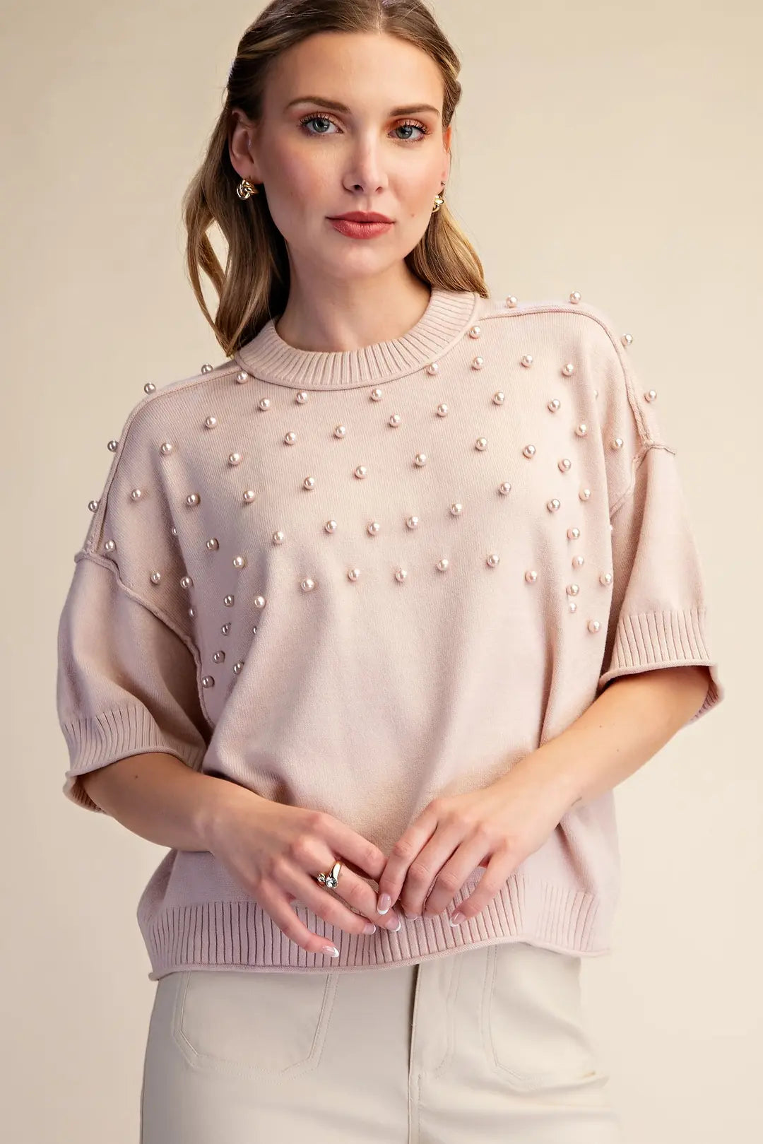Crew Neck with Pearls Sweater in Beige
