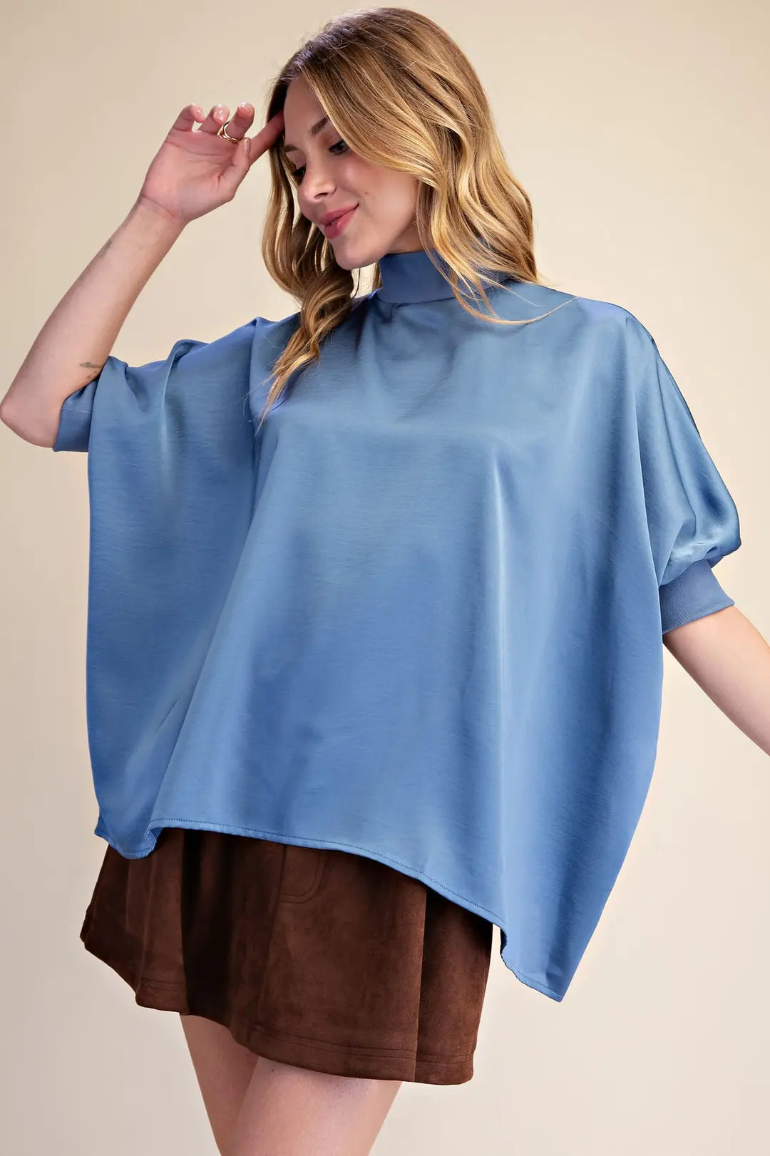 Mock Neck Oversized Top in Slate Blue