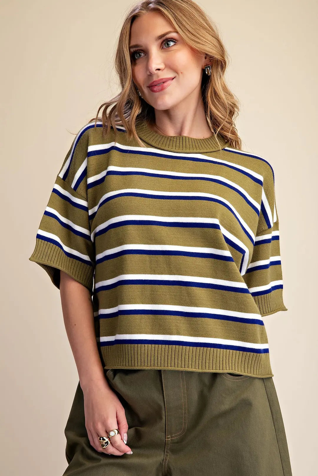 Crew Neck Stripe Sweater in Olive
