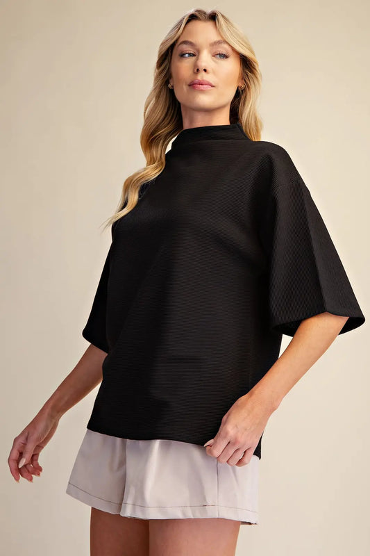 Mock Turtleneck Short Sleeve Top in Black