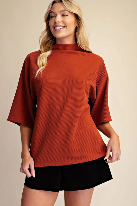 Mock Turtleneck Short Sleeve Top in Rust