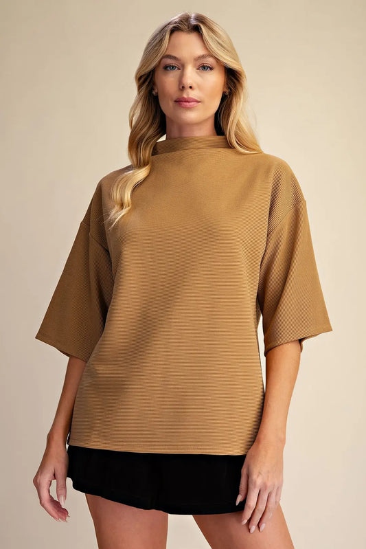 Mock Turtleneck Short Sleeve Top in Camel