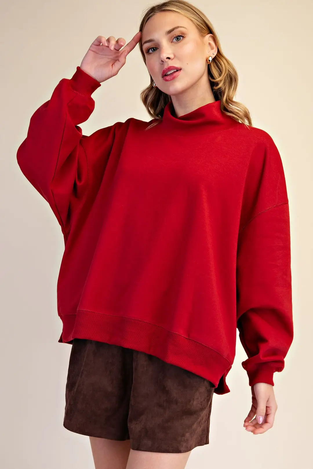 Mock Neck Oversized Pullover Sweatshirt in Crimson