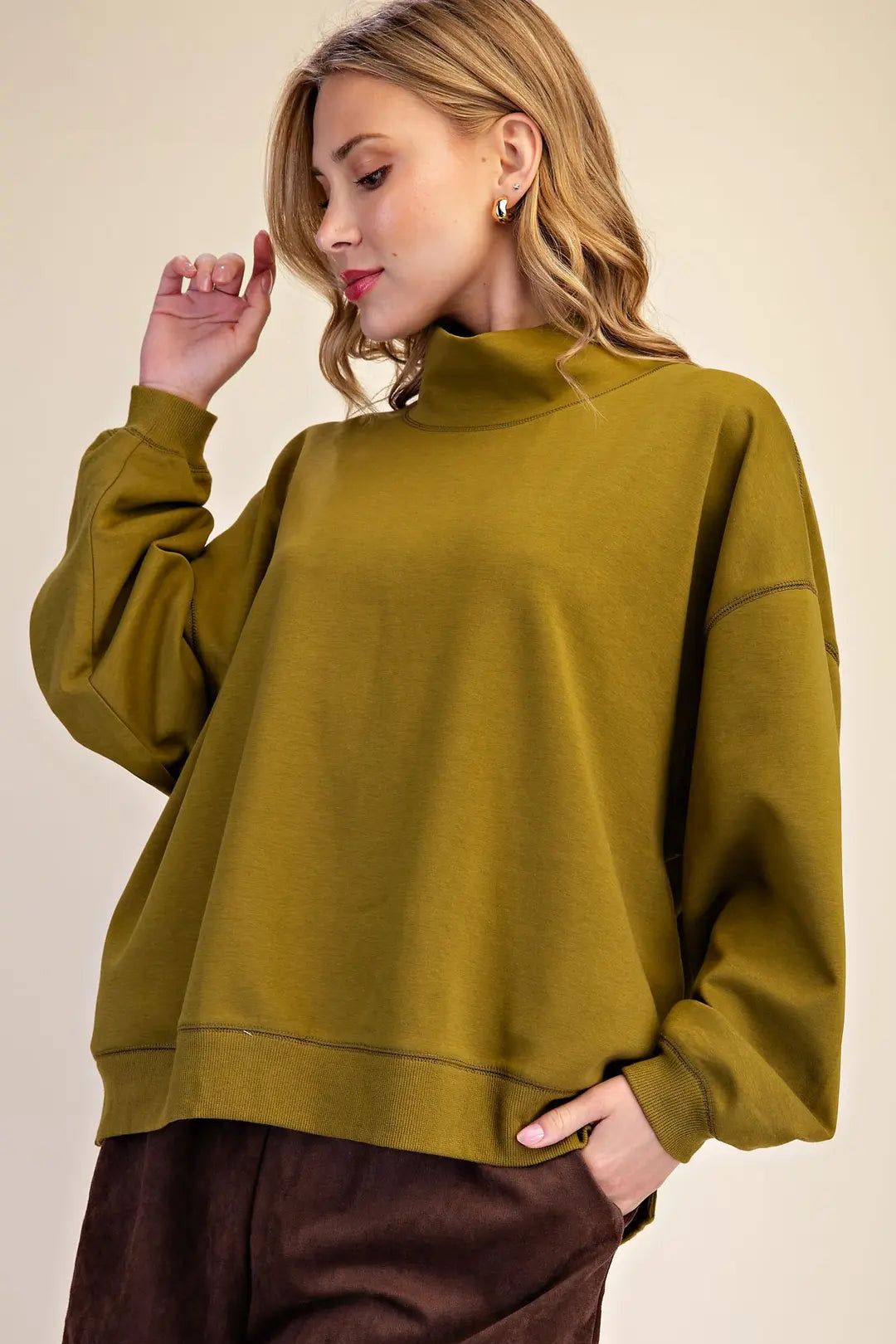 Mock Neck Oversized Pullover Sweatshirt in Olive