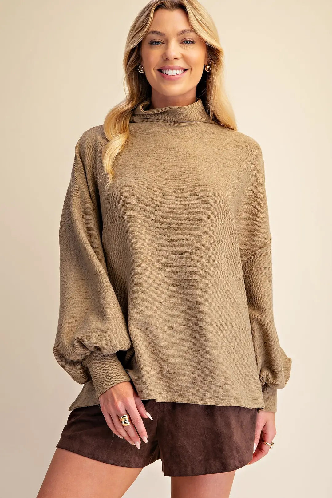 Mock Neck Balloon Sleeve Knit Top in Taupe