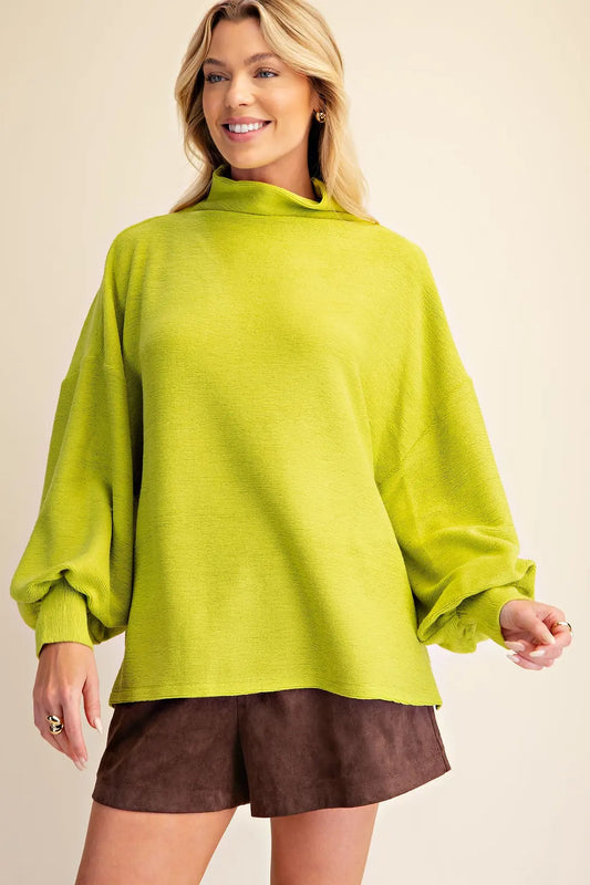 Mock Neck Balloon Sleeve Knit Top in Lime Green