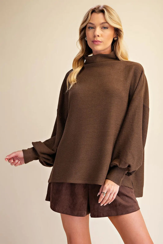 Mock Neck Balloon Sleeve Knit Top in Brown