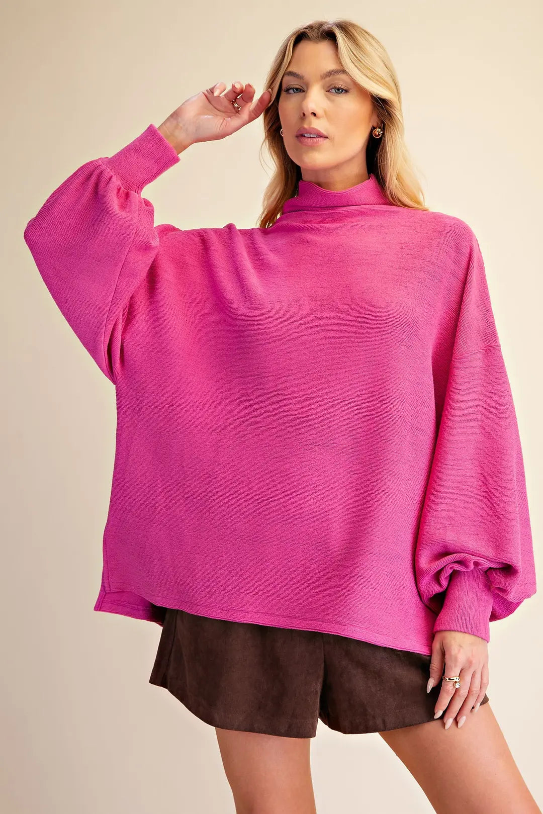 Mock Neck Balloon Sleeve Knit Top in Hot Pink