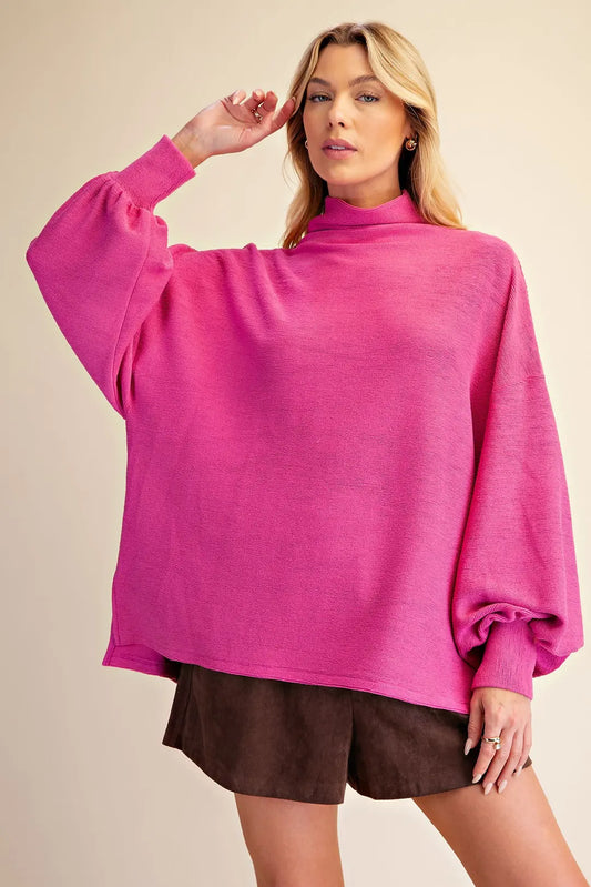 Mock Neck Balloon Sleeve Knit Top in Hot Pink