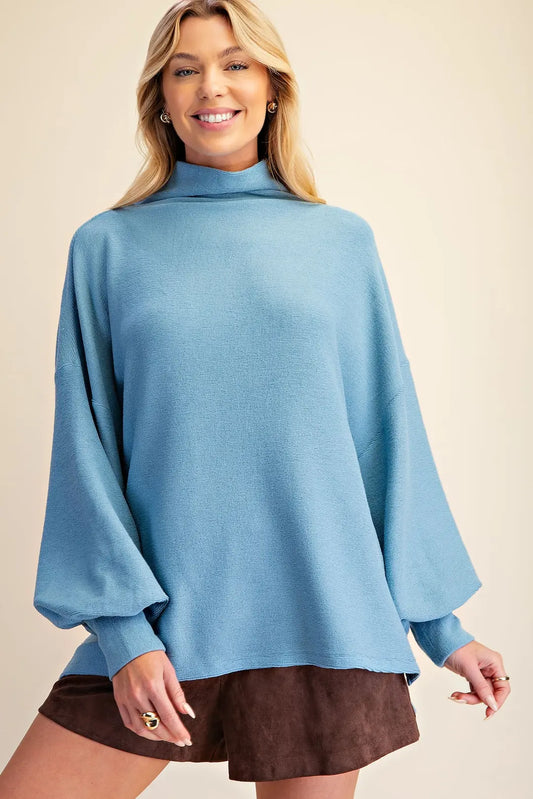 Mock Neck Balloon Sleeve Knit Top in Blue