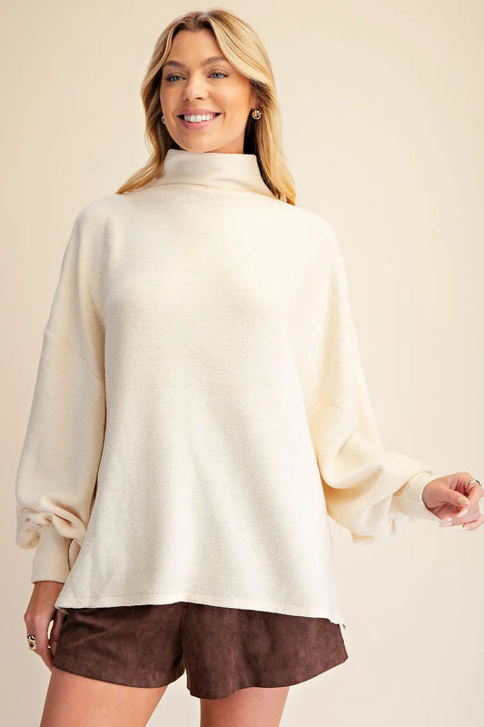 Mock Neck Balloon Sleeve Knit Top in Cream