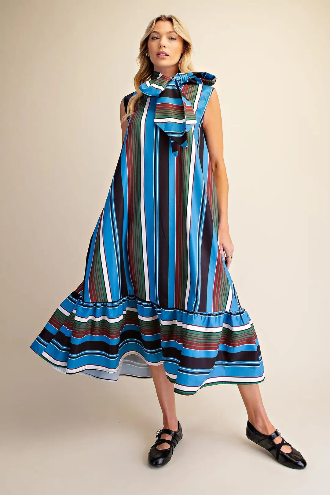 Jet Set Stripe Midi Dress in Blue/Olive