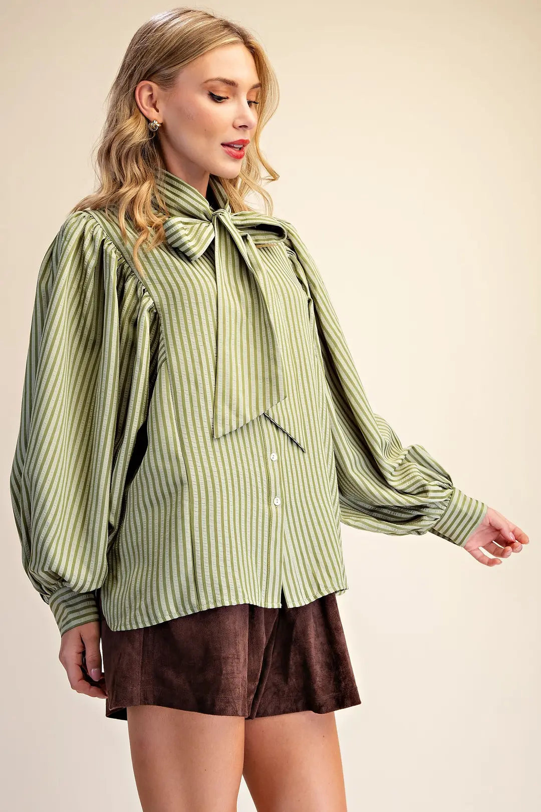 Tie Neck Button Down Shirt in Light Olive