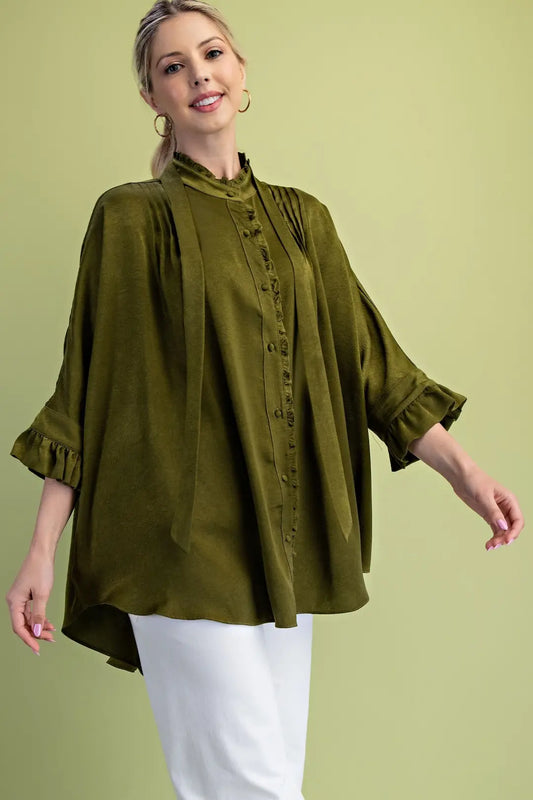 Satin Pintuck Button Down Blouse-Olive