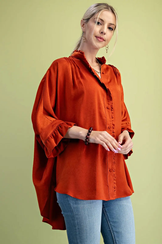Satin Pintuck Button Down Blouse-Rust