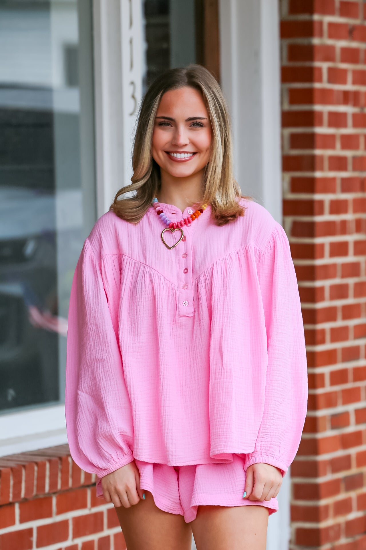 Garment Dyed Cotton Gauze Button Down Set in Pink