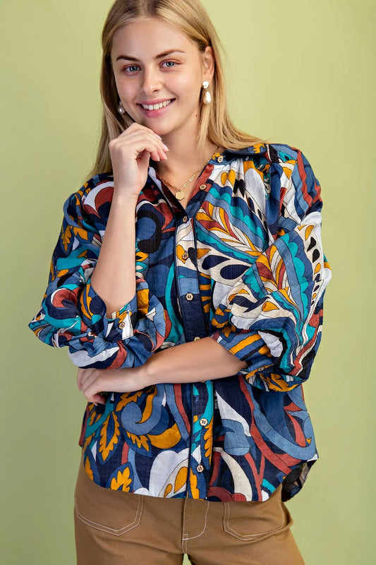 Abstract Button Up Top- Blue Mix
