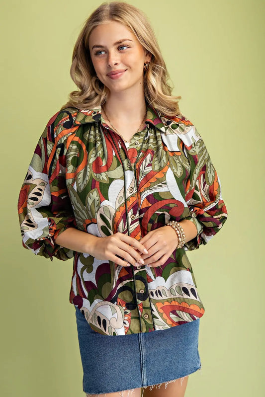 Abstract Button Up Top- Olive Mix
