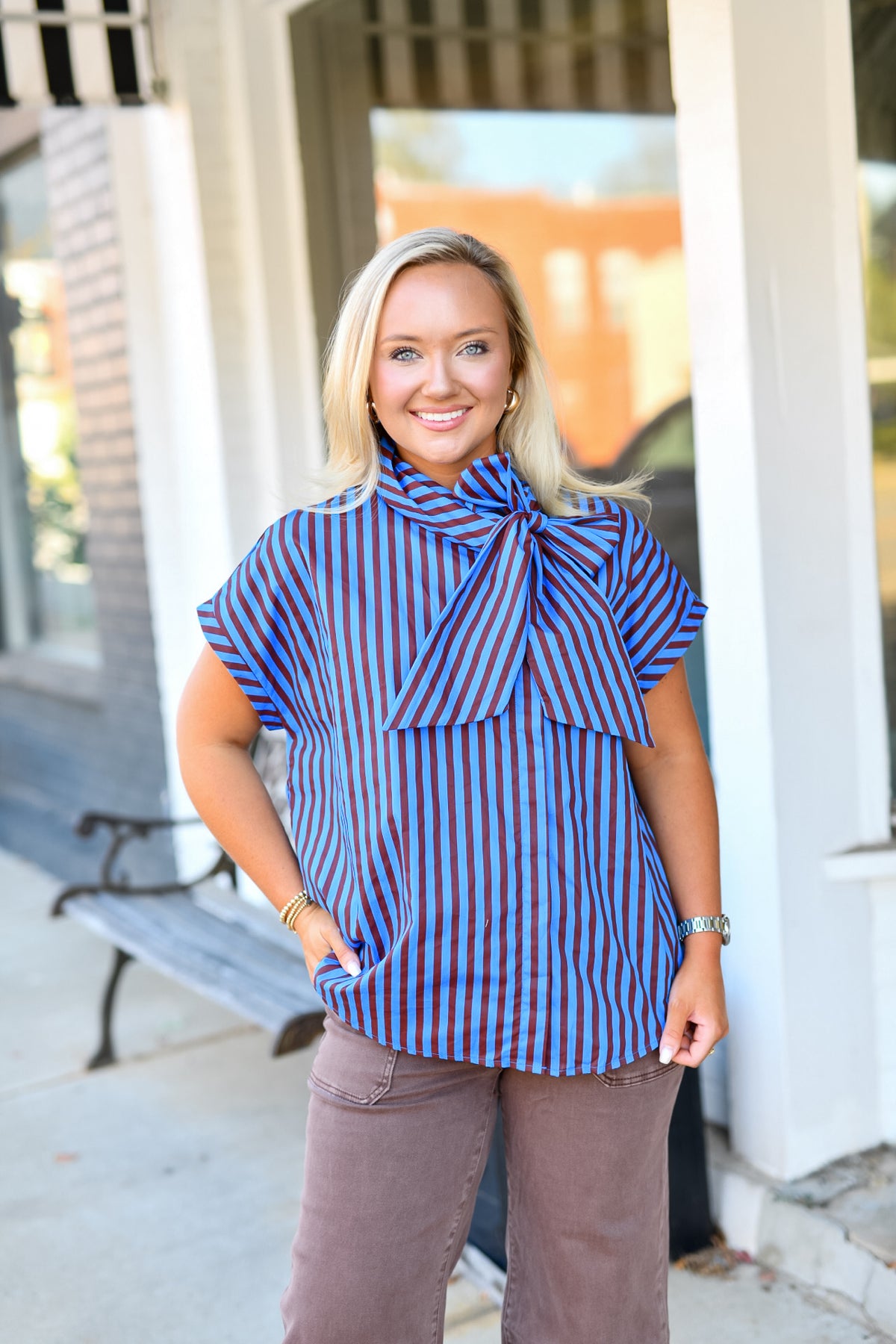 Bow Neck Stripe Shirt in Blue