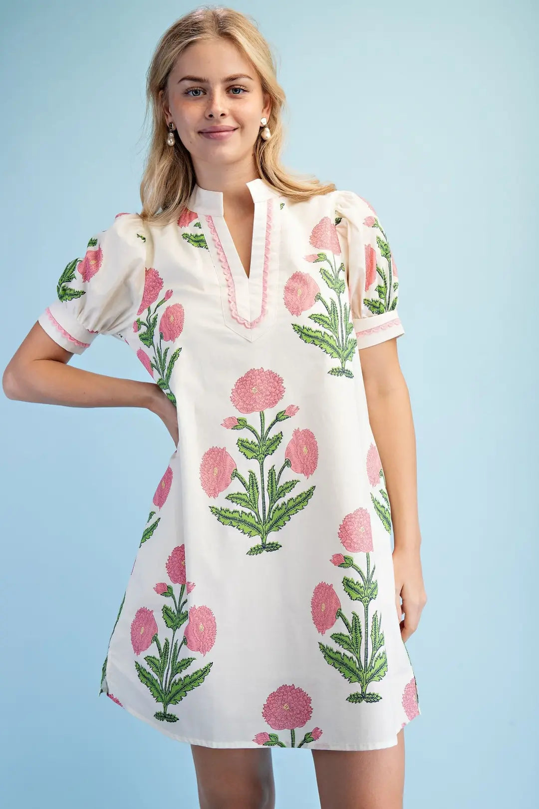 Floral Print Notch Neck Dress- Pink