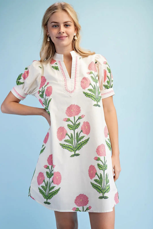 Floral Print Notch Neck Dress- Pink