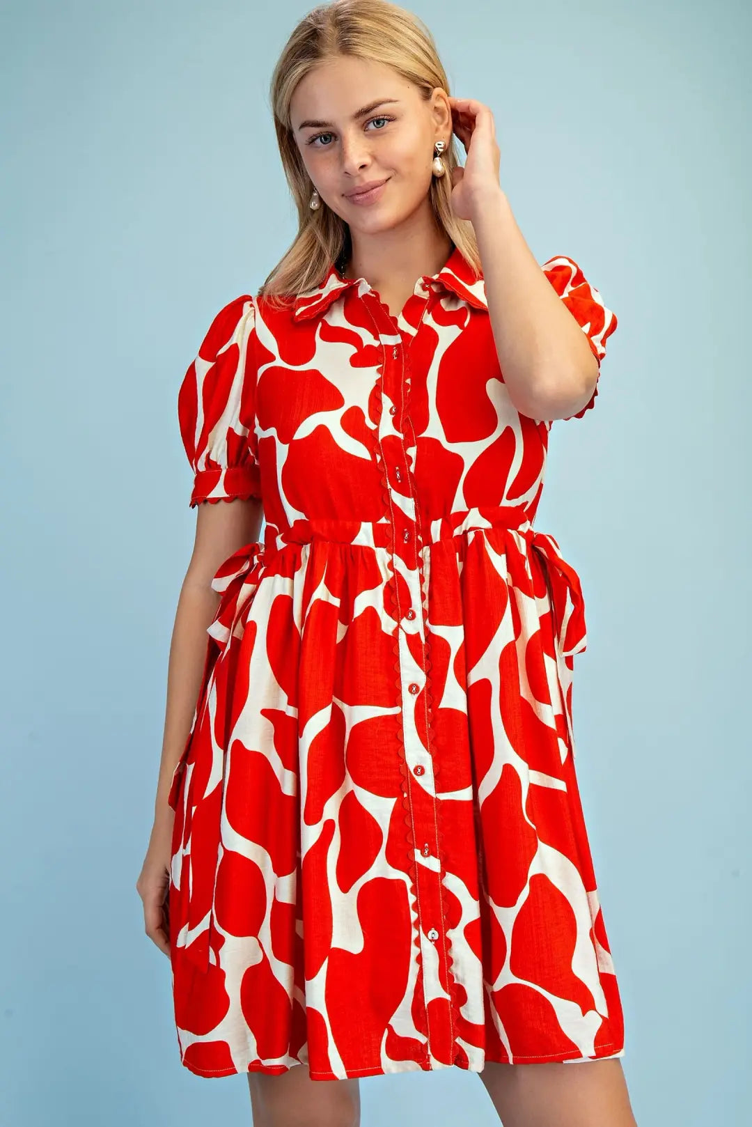 Abstract Button Front Dress- Red
