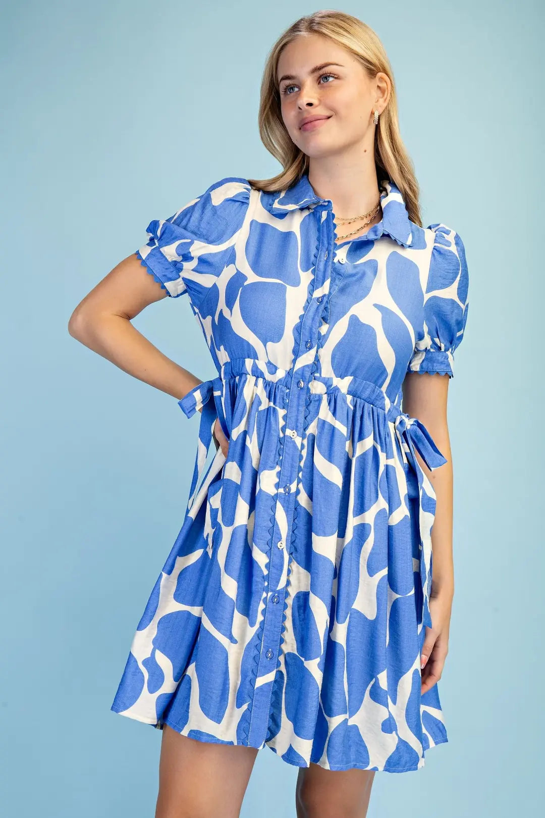 Abstract Button Front Dress- Blue