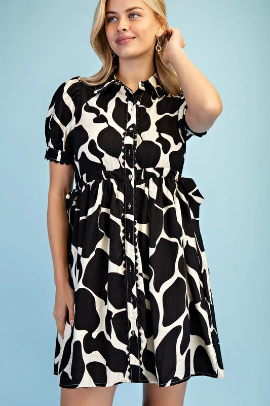 Abstract Button Front Dress- Black